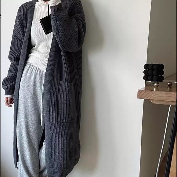 GORGEOUS Chunky Thick Long Below Knee Duster Rib Dark Cream Cardigan Coat - Picture 5 of 7